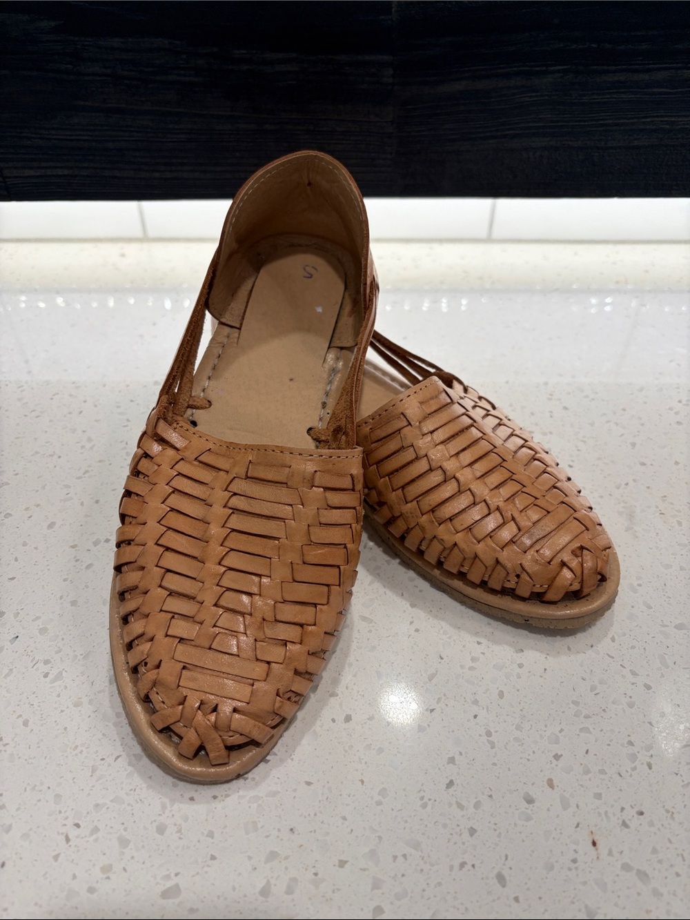 Woven Leather Huarache Flats - Tan